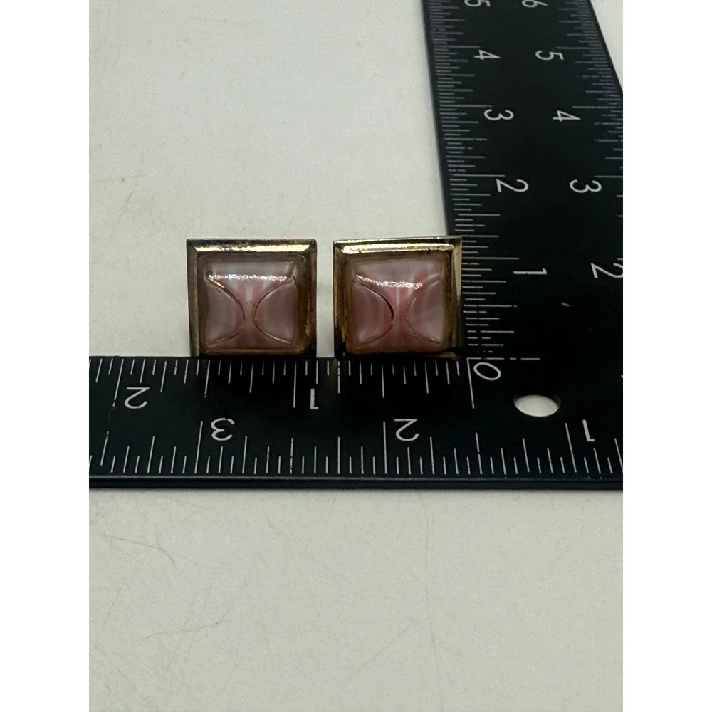Vintage Gold Tone Square Pink White Striped Glass Geometric Cufflinks